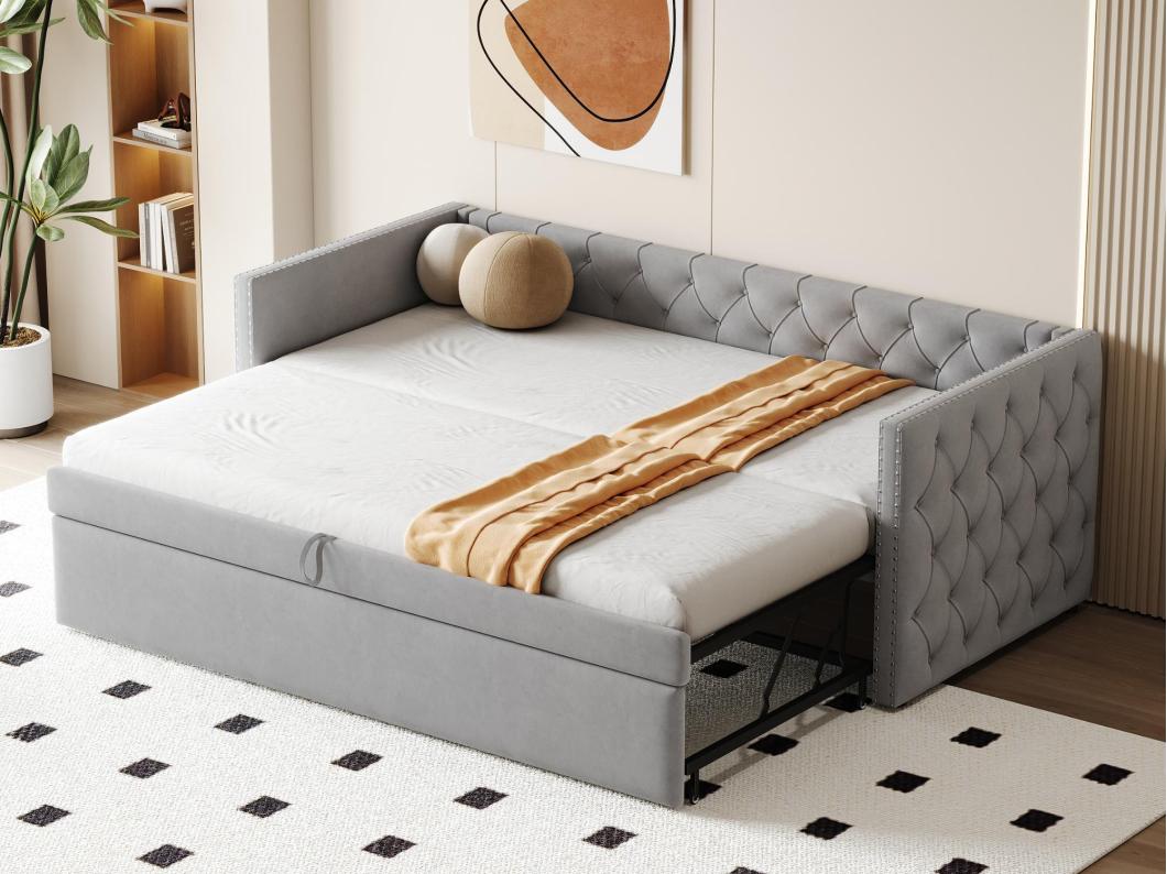 Fluweel gestoffeerd onderschuifbed - 90/180x200 cm - met lattenbodem - Lichtgrijs
