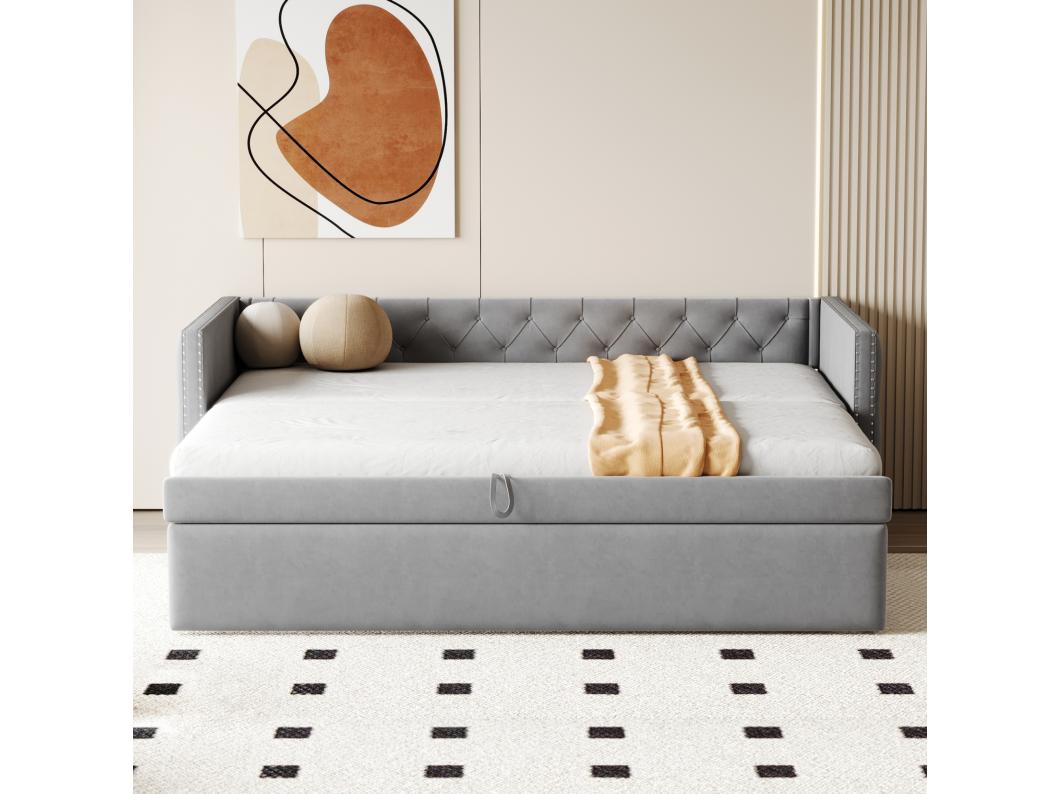 Cama tipo gavetão estofada em veludo - 90/180x200 cm - com base de ripas - Cinza claro