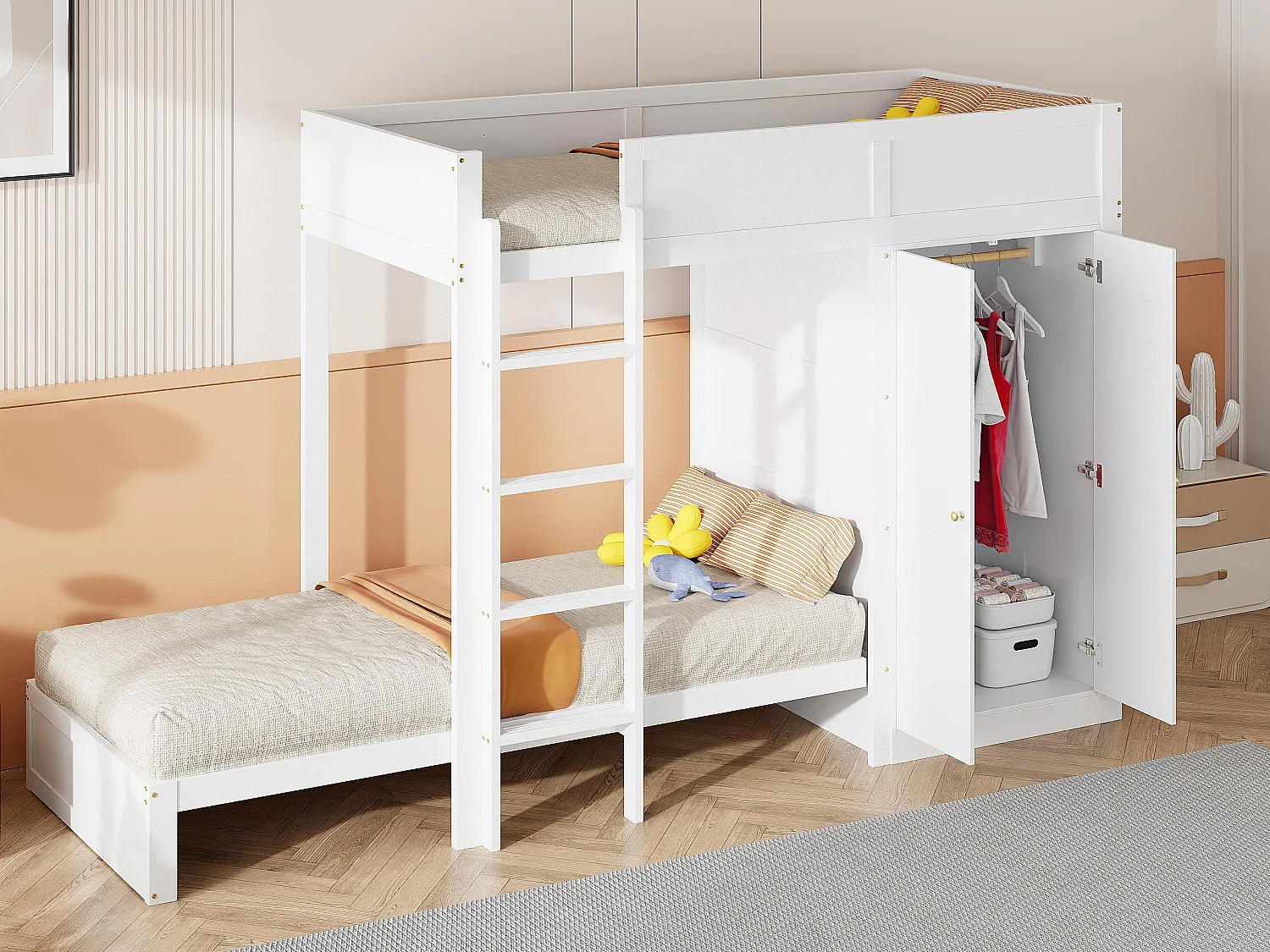 Beliche 90x200cm - com escada e roupeiro - 2 bases de ripas - Branco