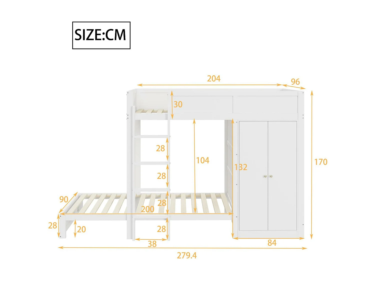 Beliche 90x200cm - com escada e roupeiro - 2 bases de ripas - Branco