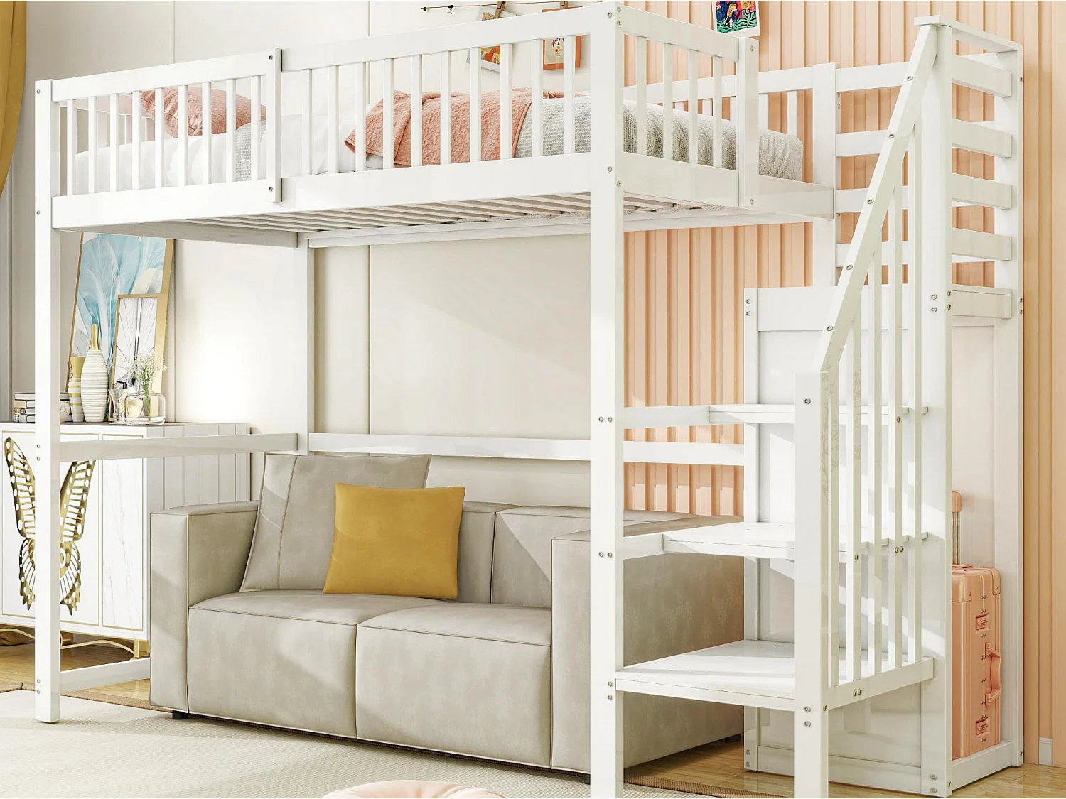 Lit mezzanine 90x200cm en bois - avec une armoire - Blanc