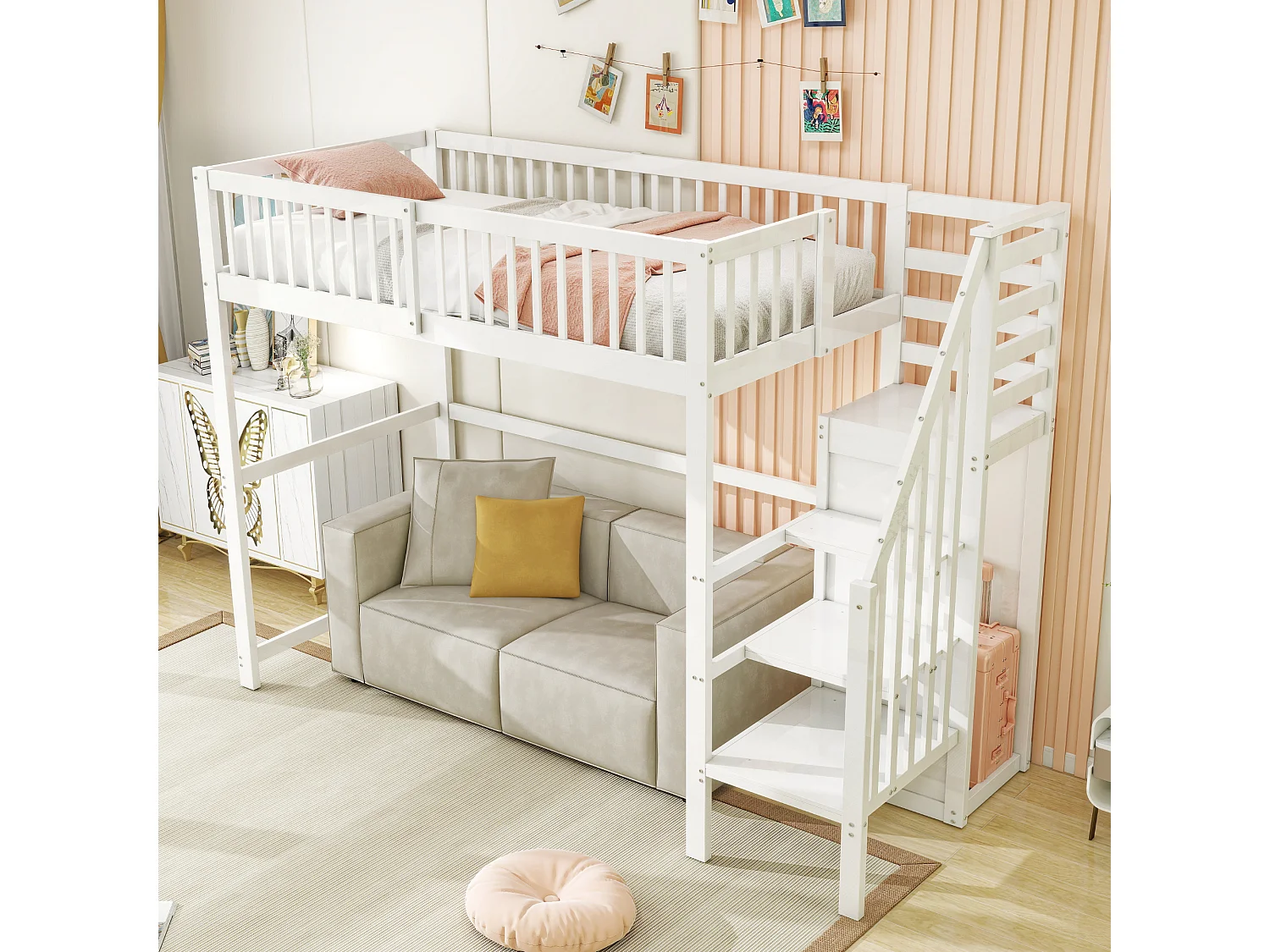 Lit mezzanine 90x200cm en bois - avec une armoire - Blanc