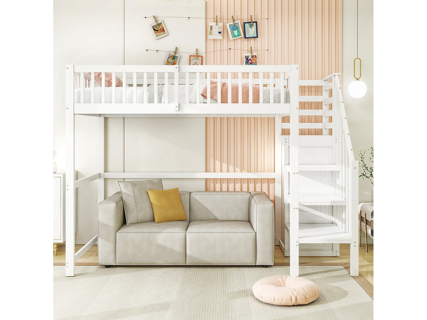 Lit mezzanine 90x200cm en bois - avec une armoire - Blanc