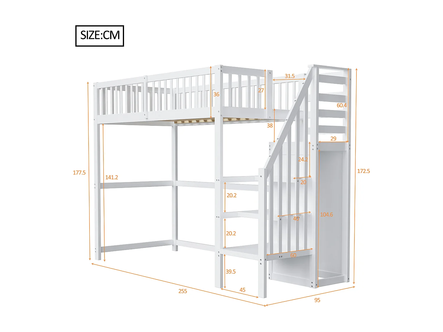 Lit mezzanine 90x200cm en bois - avec une armoire - Blanc