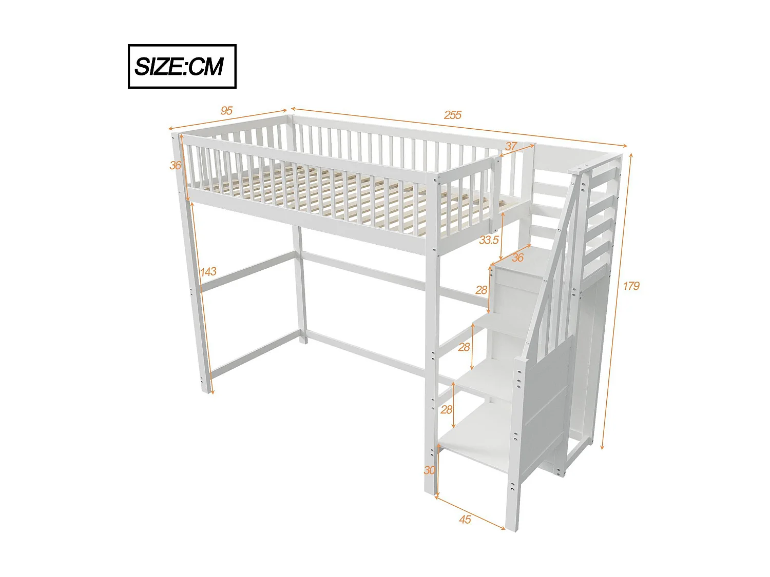Lit mezzanine 90x200cm en bois - avec une armoire - Blanc