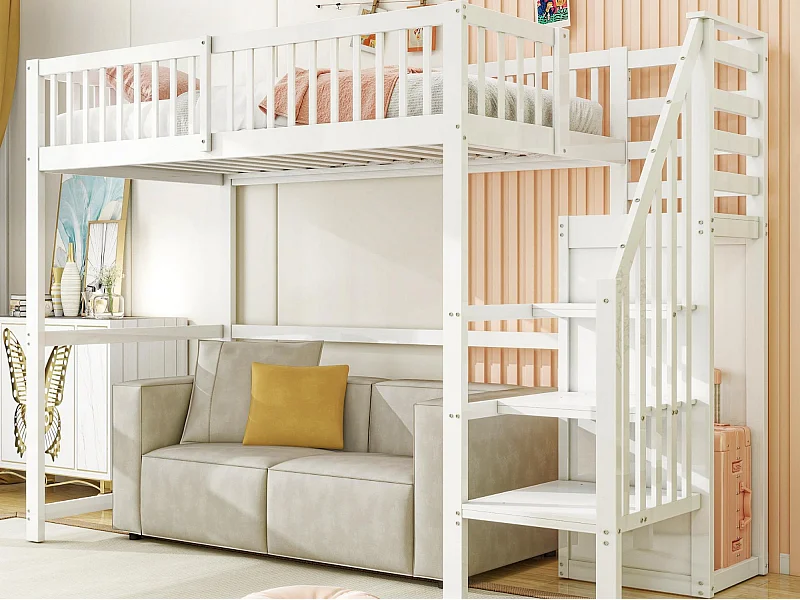 Hochbett aus Holz 90 x 200 cm – mit Kleiderschrank – Weiß