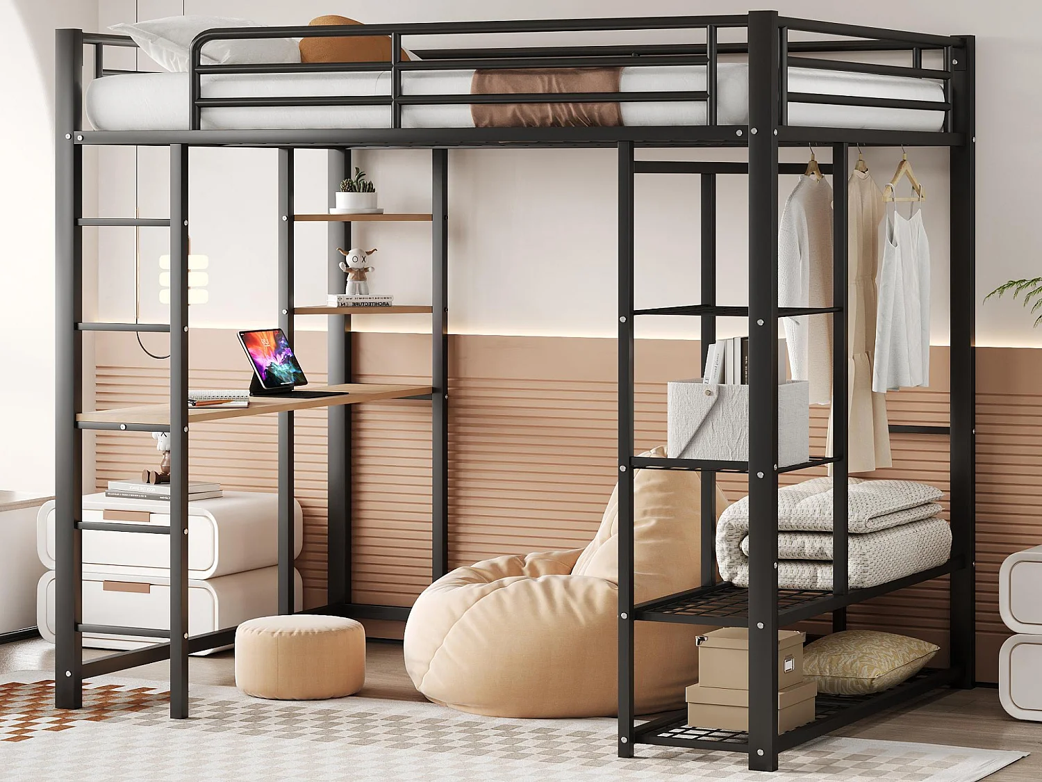 Letto a soppalco in metallo 140x200 cm - con tavolo e ripiani - Nero