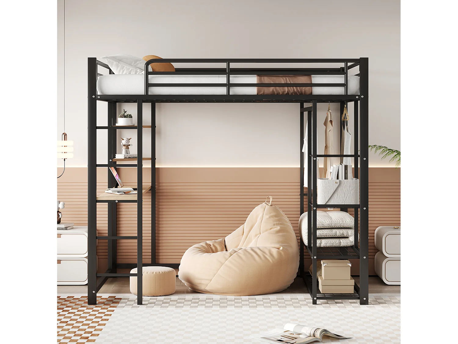 Letto a soppalco in metallo 140x200 cm - con tavolo e ripiani - Nero