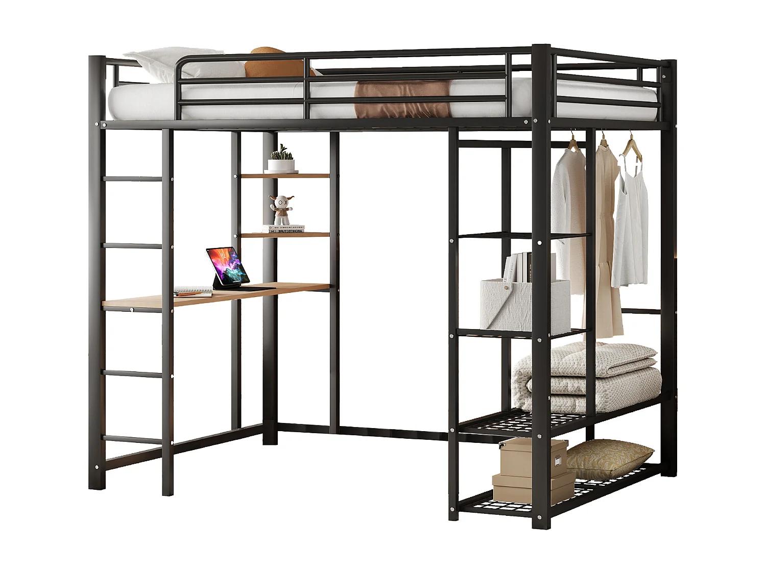 Letto a soppalco in metallo 140x200 cm - con tavolo e ripiani - Nero