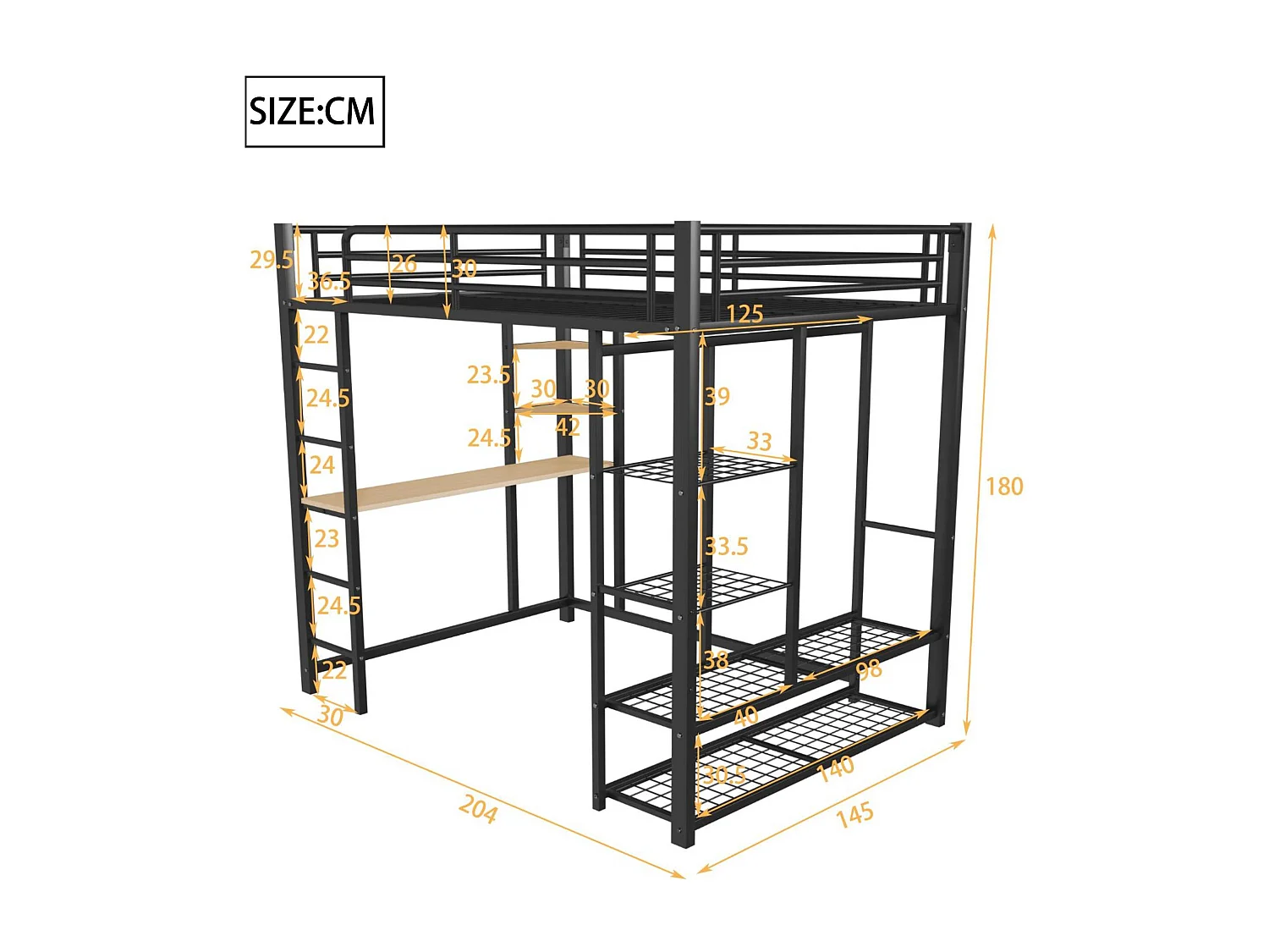 Lit mezzanine 140x200cm en métal - avec table et étagères - Noir