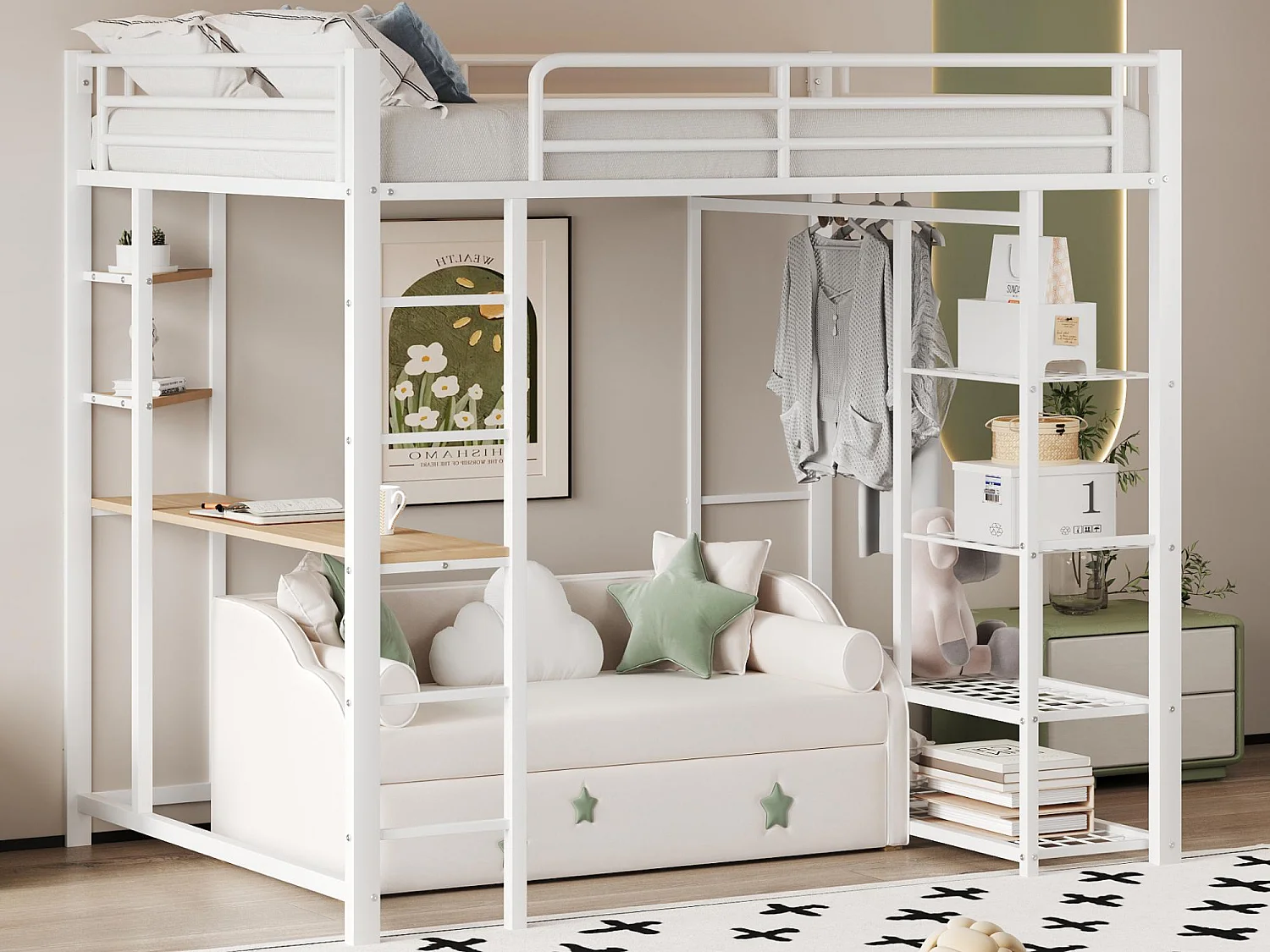 Letto a soppalco in metallo 90x200 cm - con tavolo e ripiani - Bianco