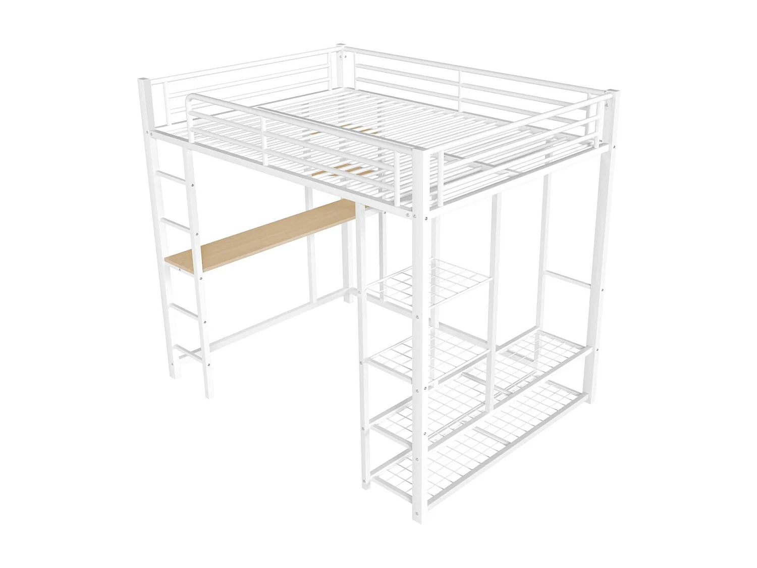 Letto a soppalco in metallo 90x200 cm - con tavolo e ripiani - Bianco