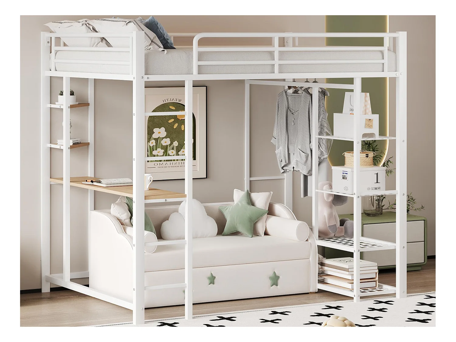 Metalen mezzaninebed 90x200cm - met tafel en planken - Wit