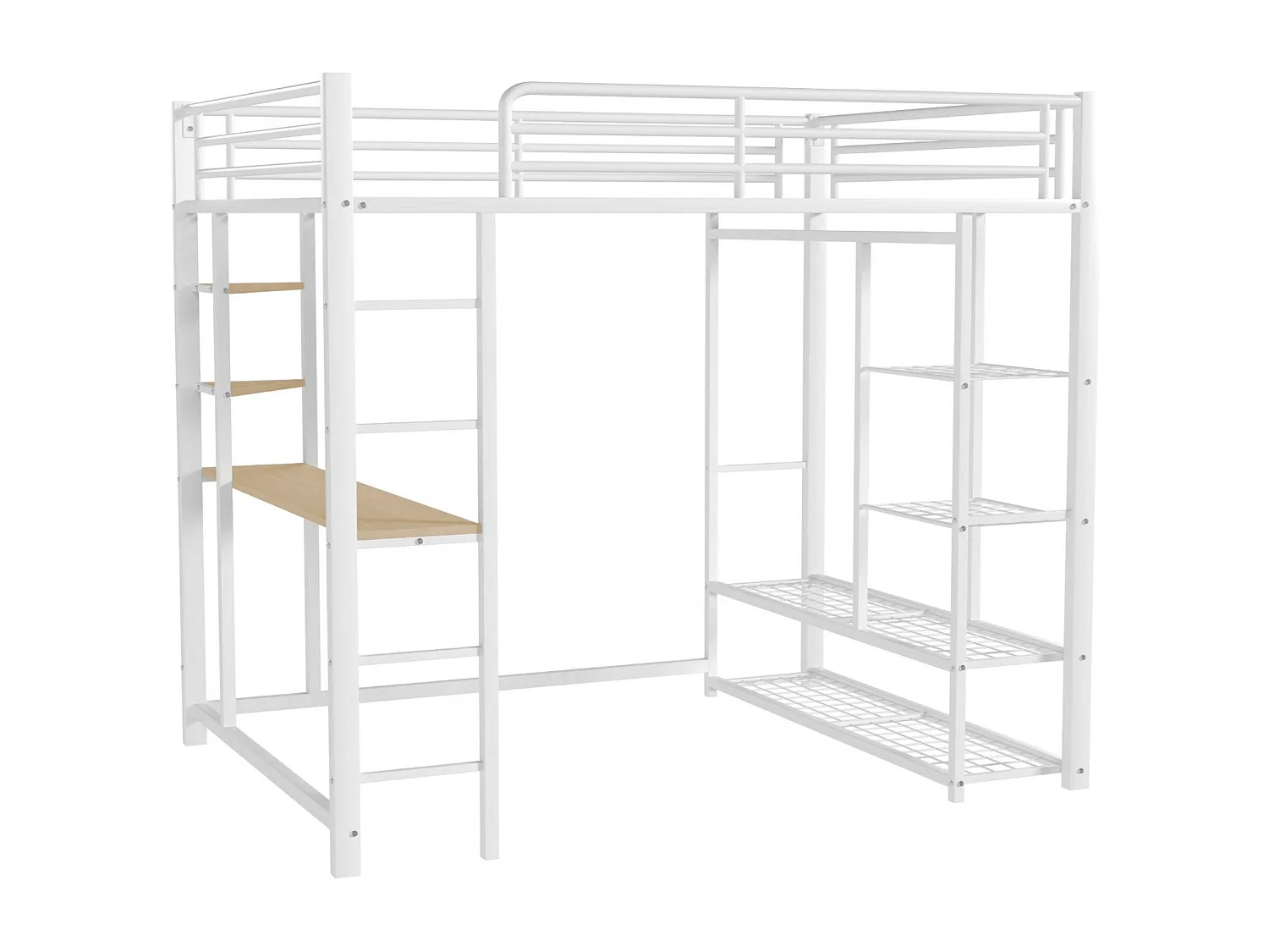 Letto a soppalco in metallo 90x200 cm - con tavolo e ripiani - Bianco