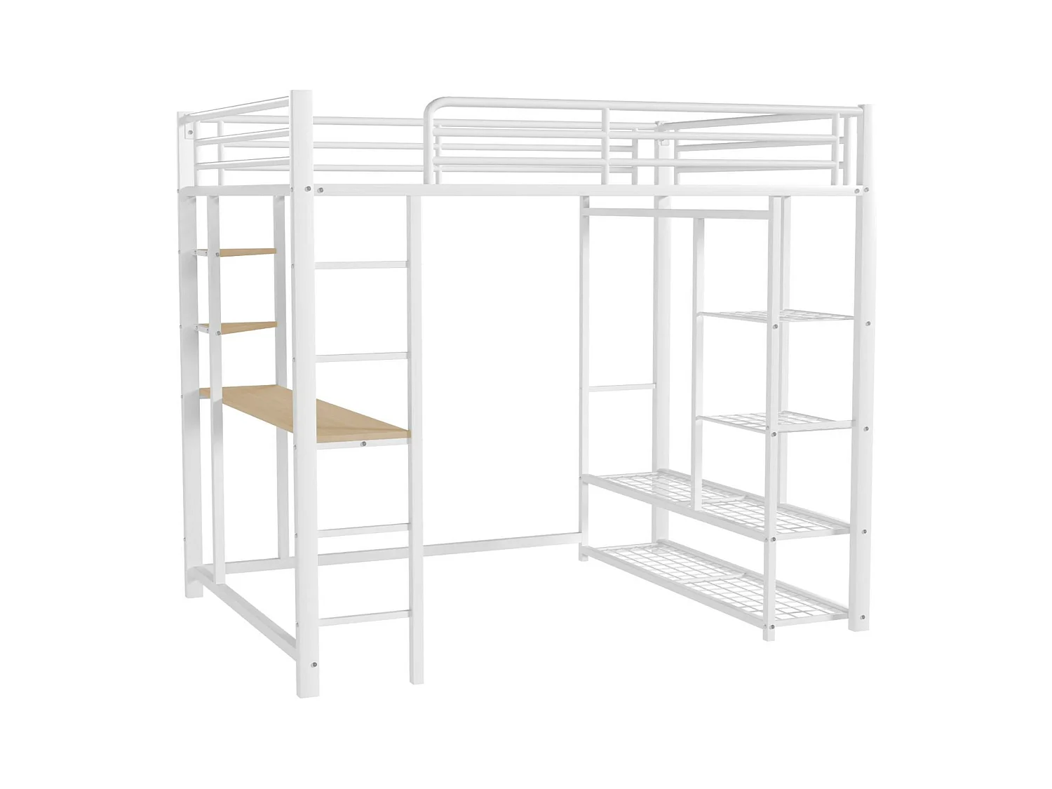 Letto a soppalco in metallo 90x200 cm - con tavolo e ripiani - Bianco