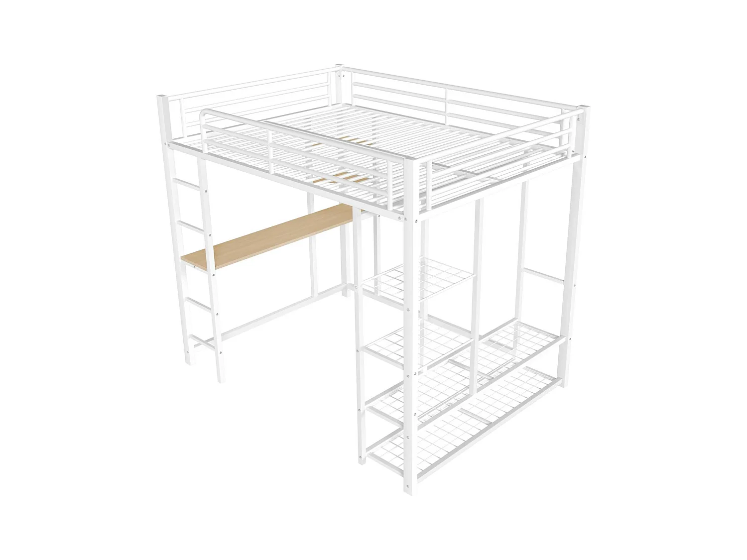 Letto a soppalco in metallo 90x200 cm - con tavolo e ripiani - Bianco