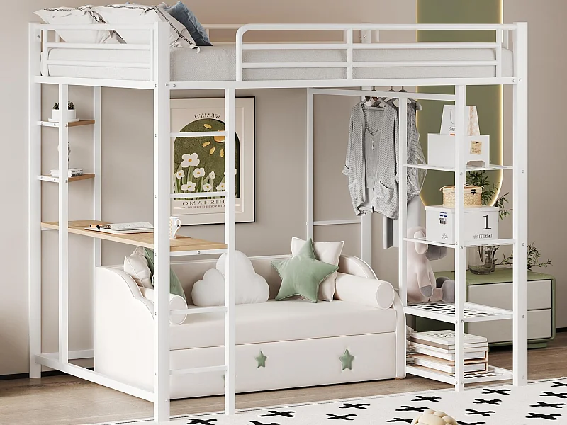 Lit mezzanine 90x200cm en métal - avec table et étagères - Blanc