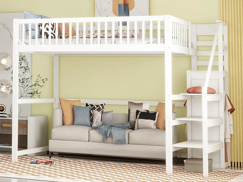 Hochbett aus Holz 140 x 200 cm – mit Kleiderschrank – Weiß