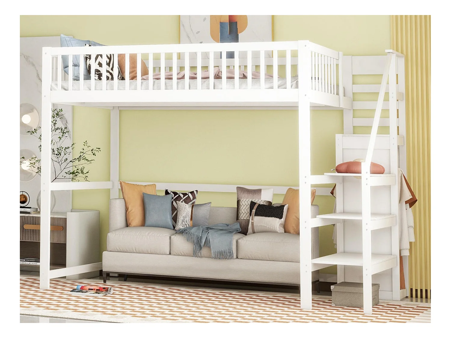 Lit mezzanine 140x200cm en bois - avec une armoire - Blanc