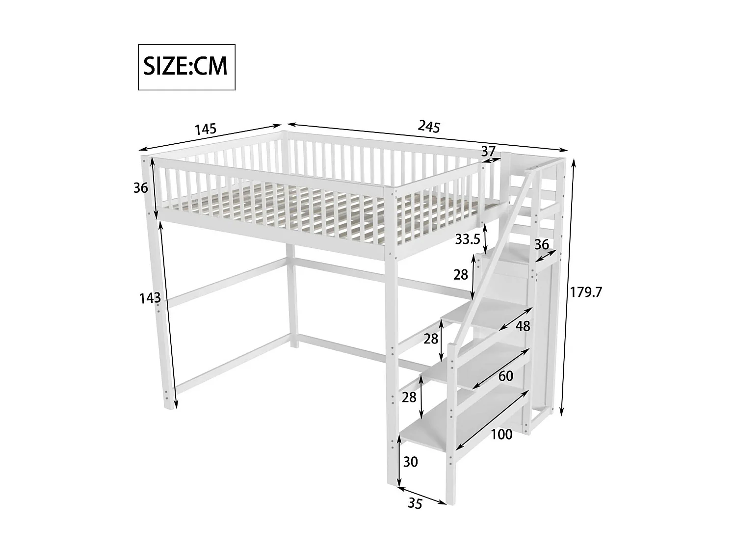 Lit mezzanine 140x200cm en bois - avec une armoire - Blanc