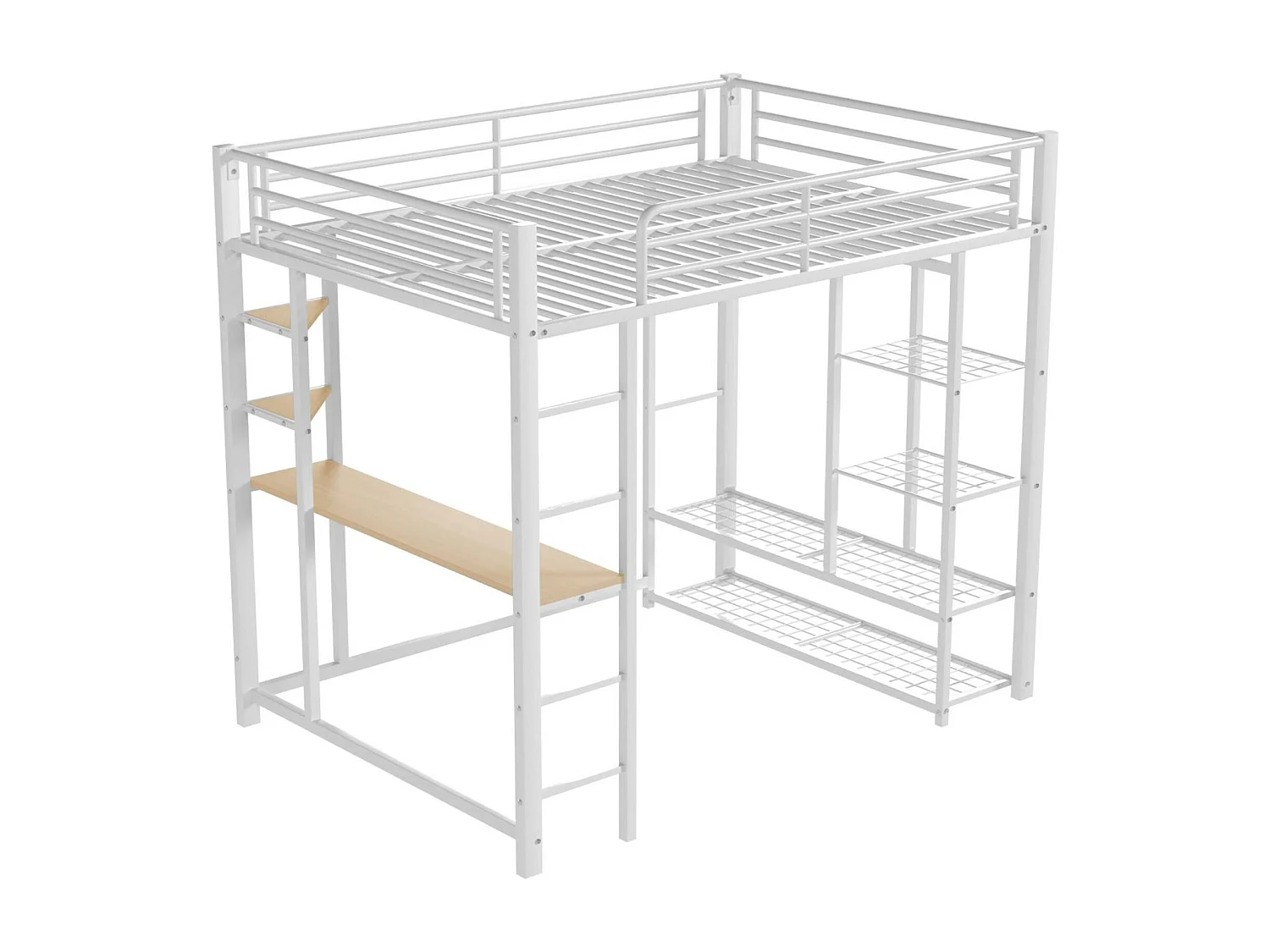 Lit mezzanine 140x200cm en métal - avec table et étagères - Blanc