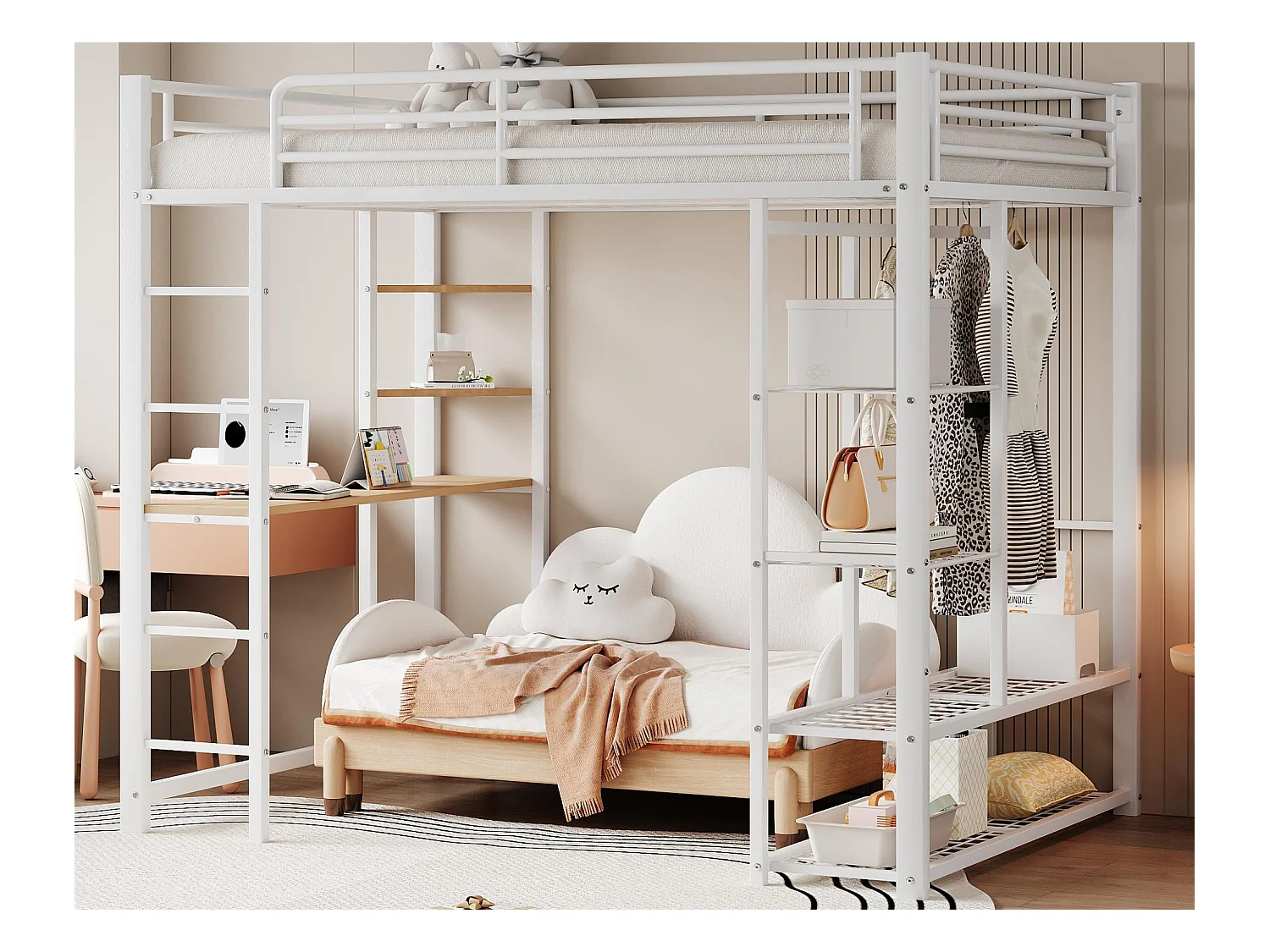 Cama mezanino metálica 140x200cm - com mesa e prateleiras - Branco