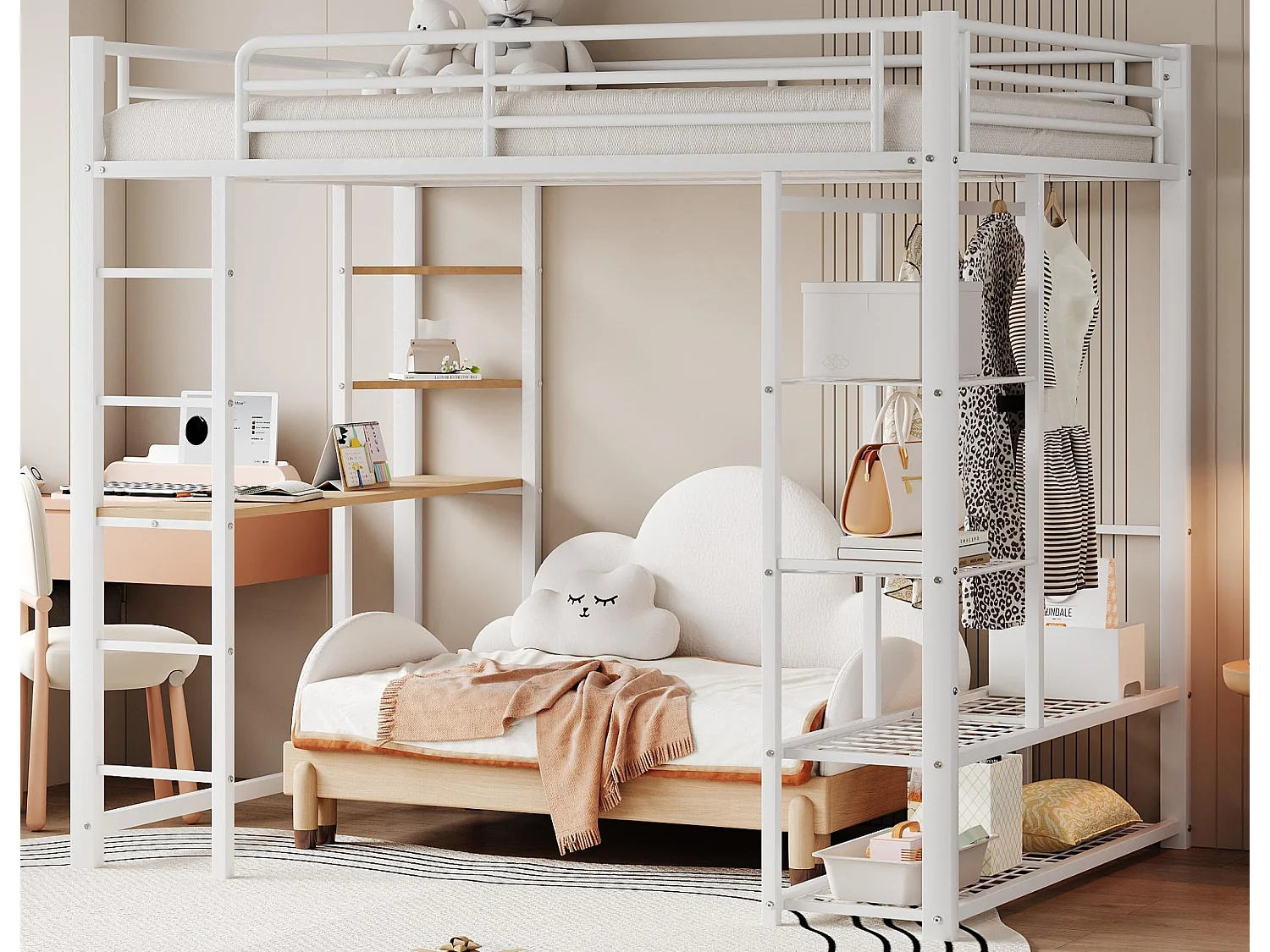 Hochbett aus Metall 140 x 200 cm – mit Tisch und Regalen – Weiß