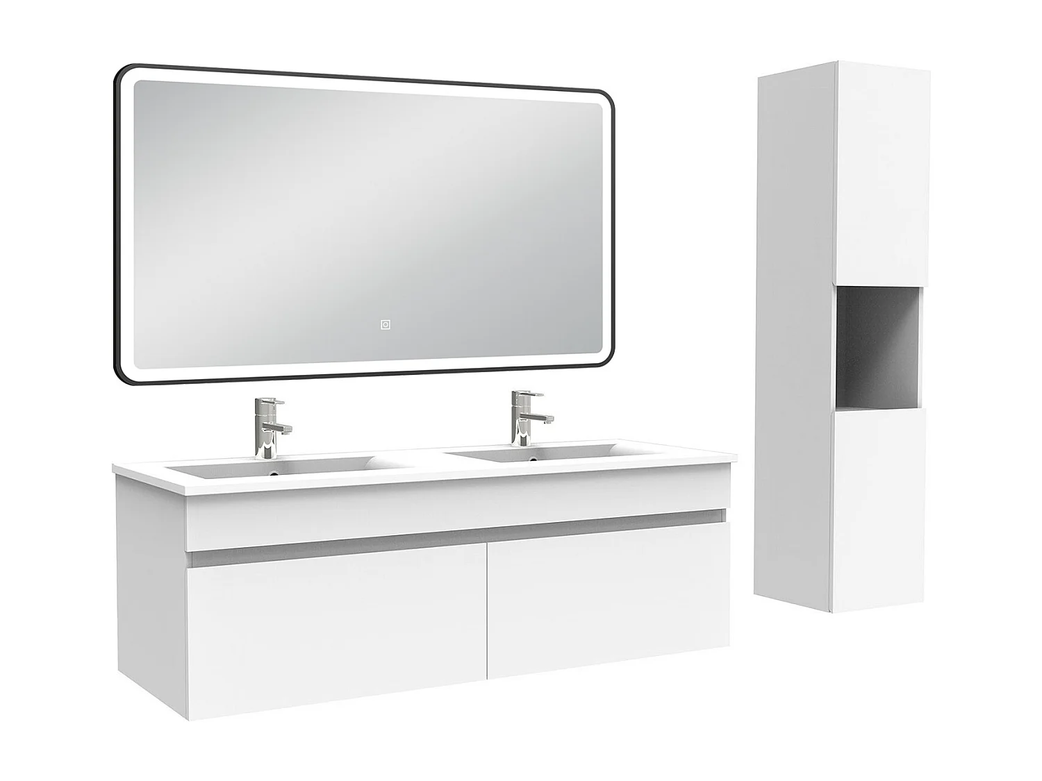 Meuble double vasque 120cm avec colonne + miroir lumineux 3 couleurs blanc