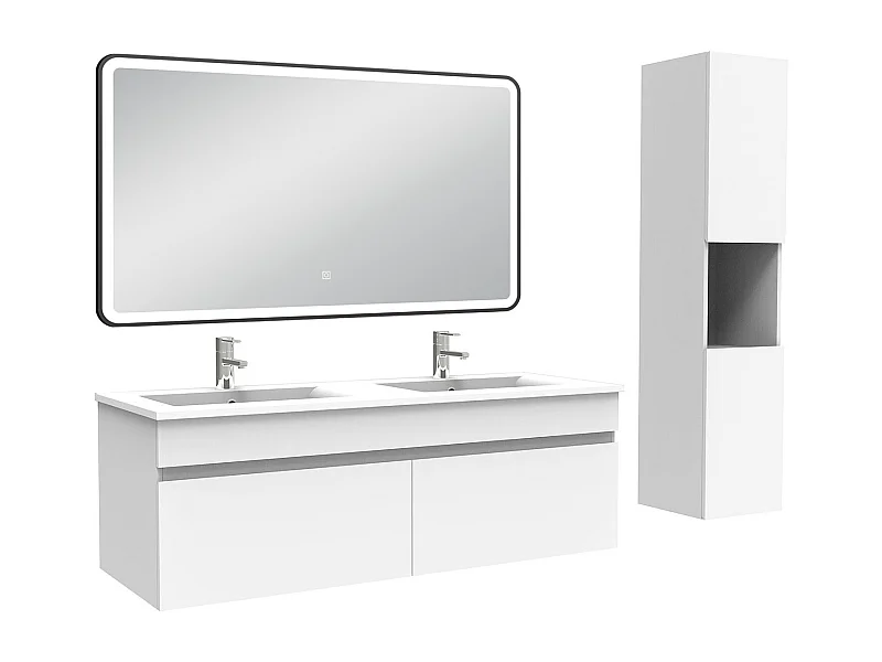 Meuble double vasque 120cm avec colonne + miroir lumineux 3 couleurs blanc