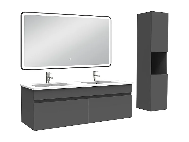 Meuble double vasque 120cm avec colonne + miroir lumineux 3 couleurs anthracite
