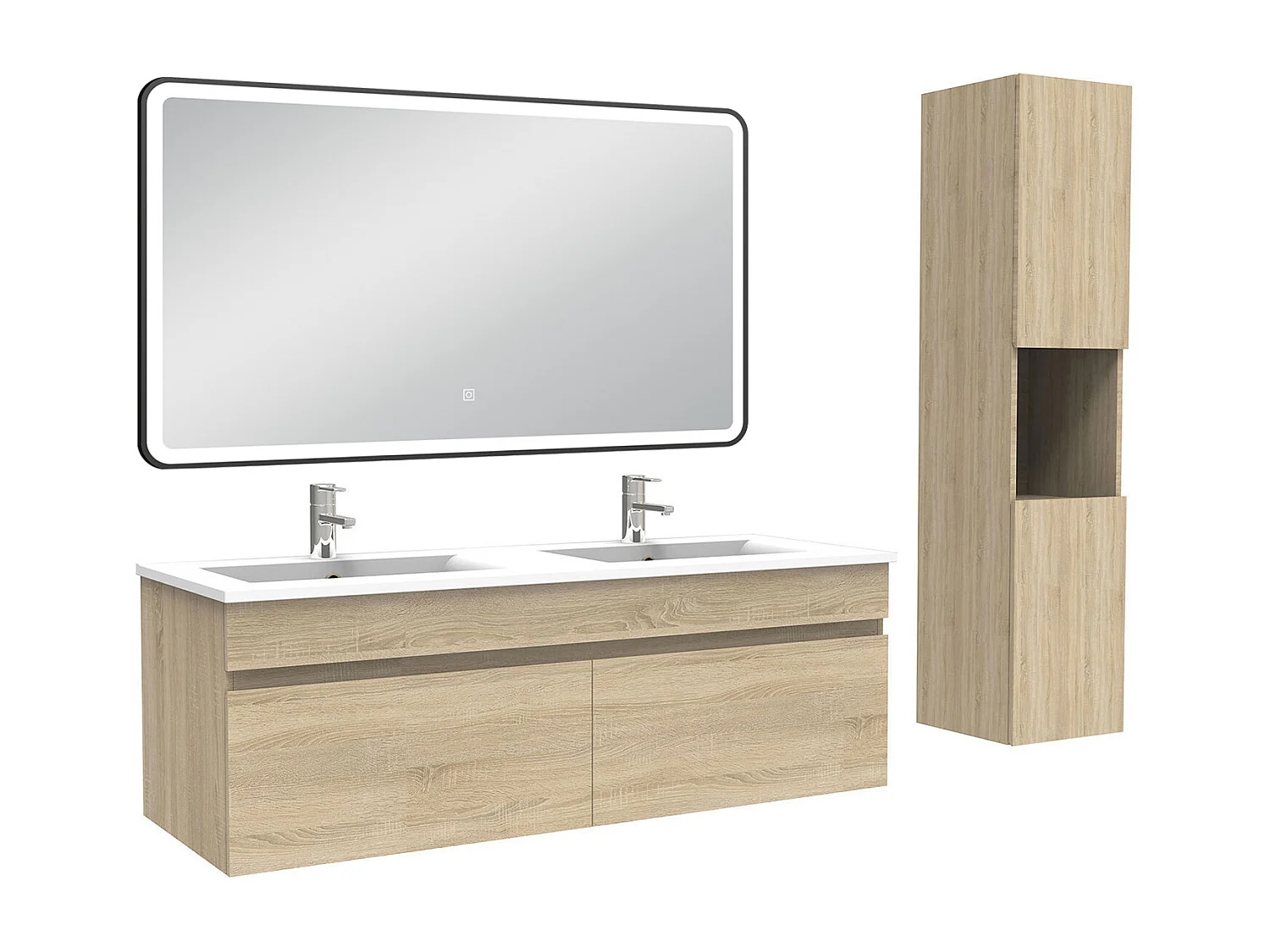 Meuble double vasque 120cm avec colonne + miroir lumineux 3 couleurs chêne wotan