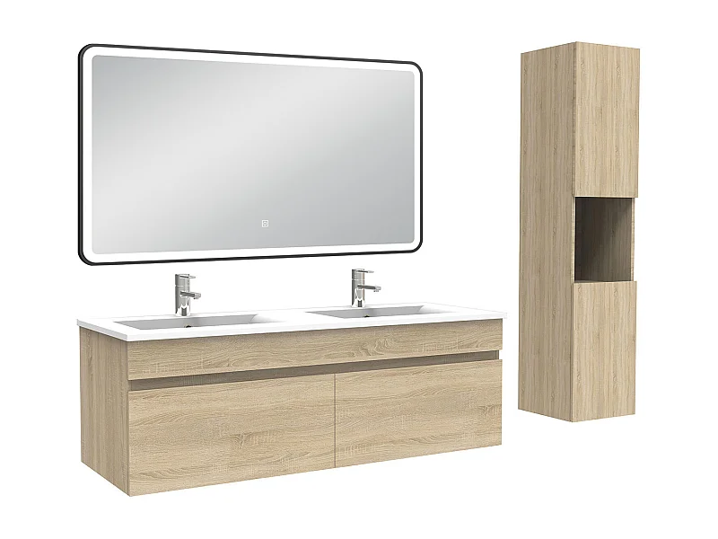 Meuble double vasque 120cm avec colonne + miroir lumineux 3 couleurs chêne wotan