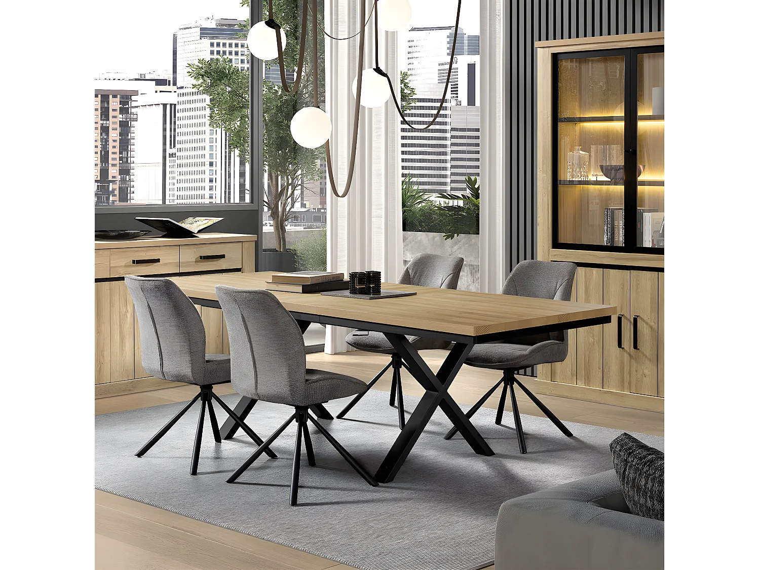 FRANK - Table Allongeable 190/250 Aspect Bois Chêne Clair Piètement Métal X