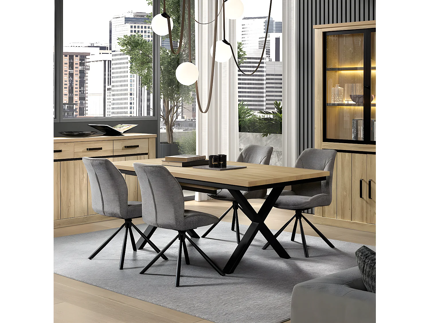 FRANK - Table Allongeable 190/250 Aspect Bois Chêne Clair Piètement Métal X