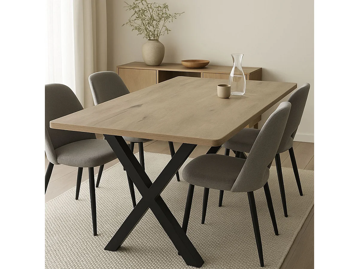 CANYON - Table Repas Coins Arrondis 200cm Aspect Bois Piètement X Métal Noir