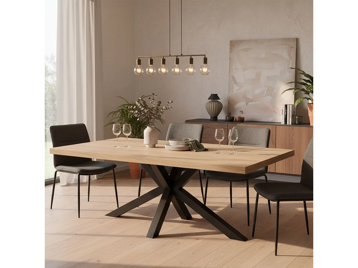 SCARLET - Table 200cm Aspect Bois Scarlet Oak Piètement Etoile Métal Noir