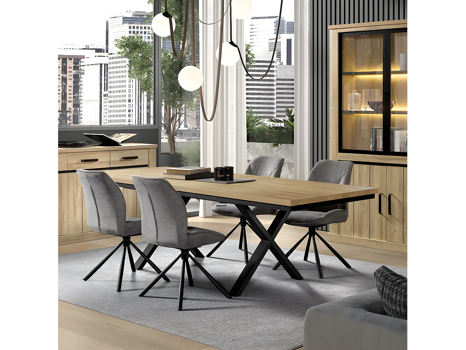 FRANK - Table Allongeable 190/250 Aspect Bois Chêne Clair Piètement Métal U