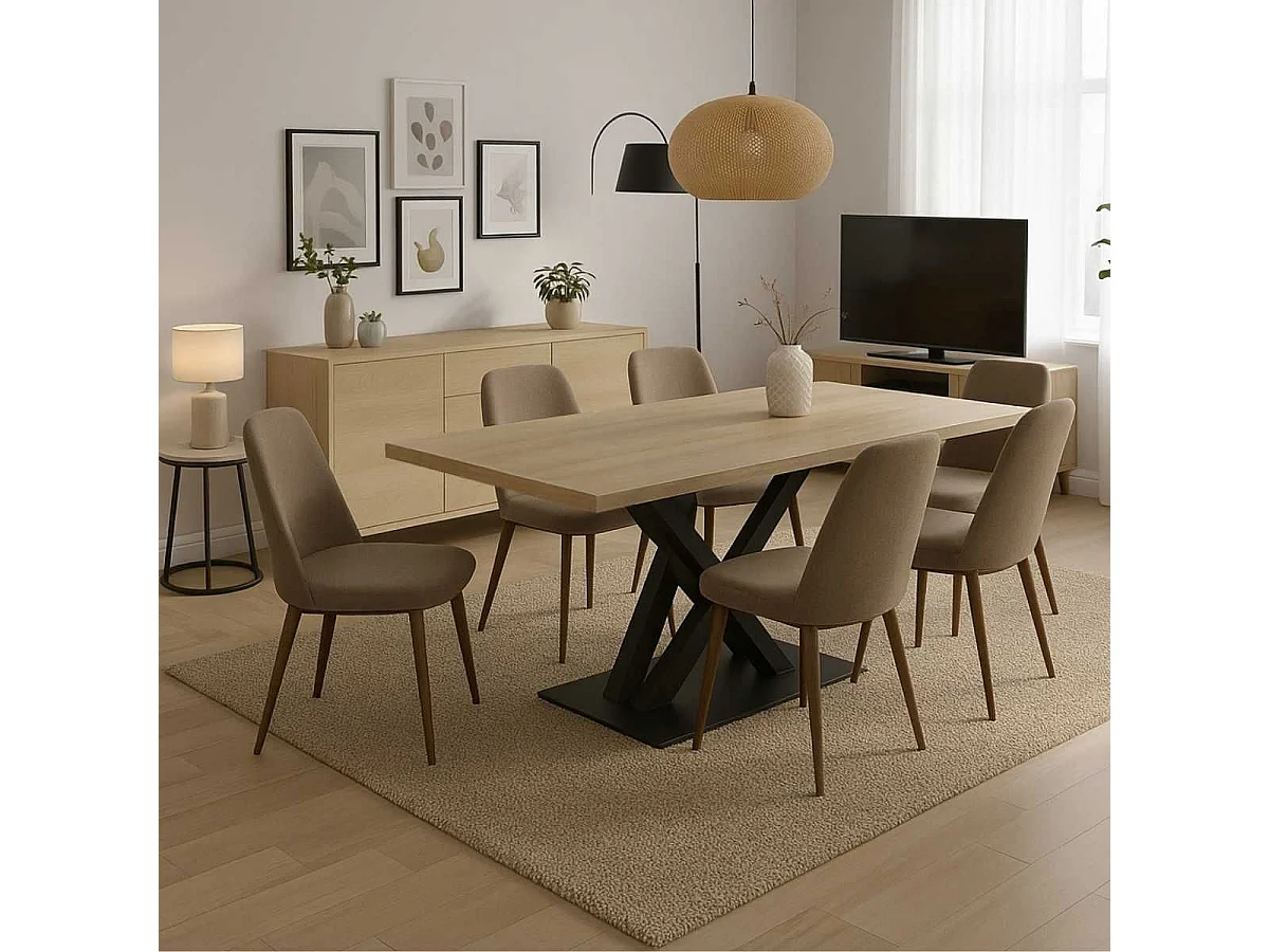 ARIZONA - Table 230cm Aspect Bois Arizona Oak Piètement Crossed Métal Noir