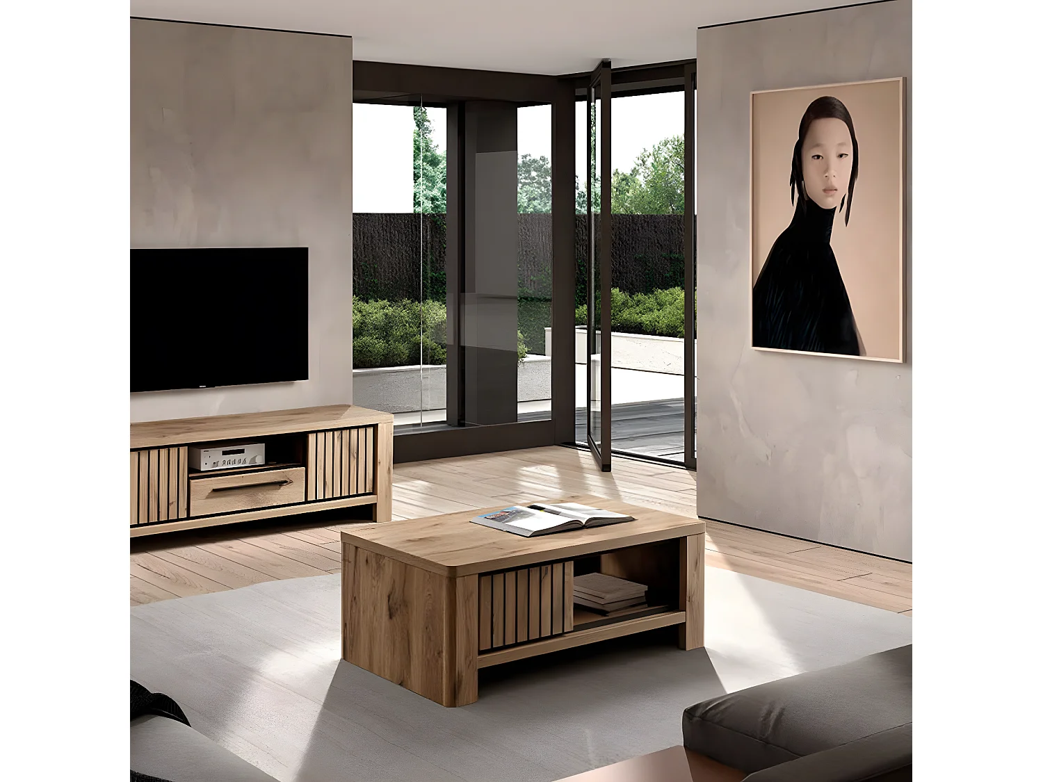 RODIN - Table Basse Porte et 1 Tiroir Aspect Bois Finition Canyon