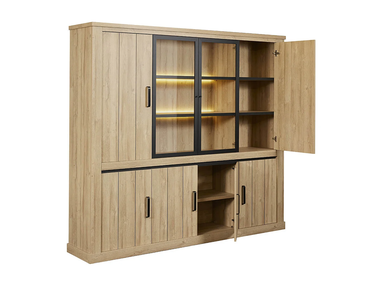 LORENZO - Bibliothèque 8 Portes avec Leds Aspect Bois Chêne Clair Finition Frank