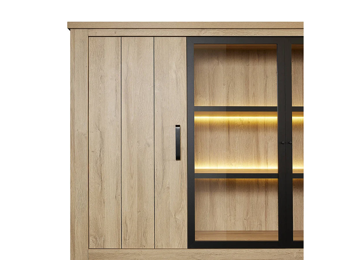 LORENZO - Bibliothèque 8 Portes avec Leds Aspect Bois Chêne Clair Finition Frank