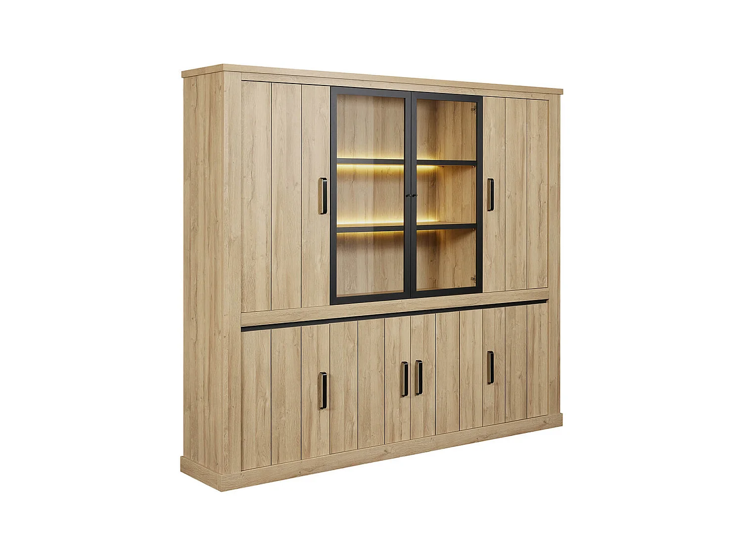 LORENZO - Bibliothèque 8 Portes avec Leds Aspect Bois Chêne Clair Finition Frank