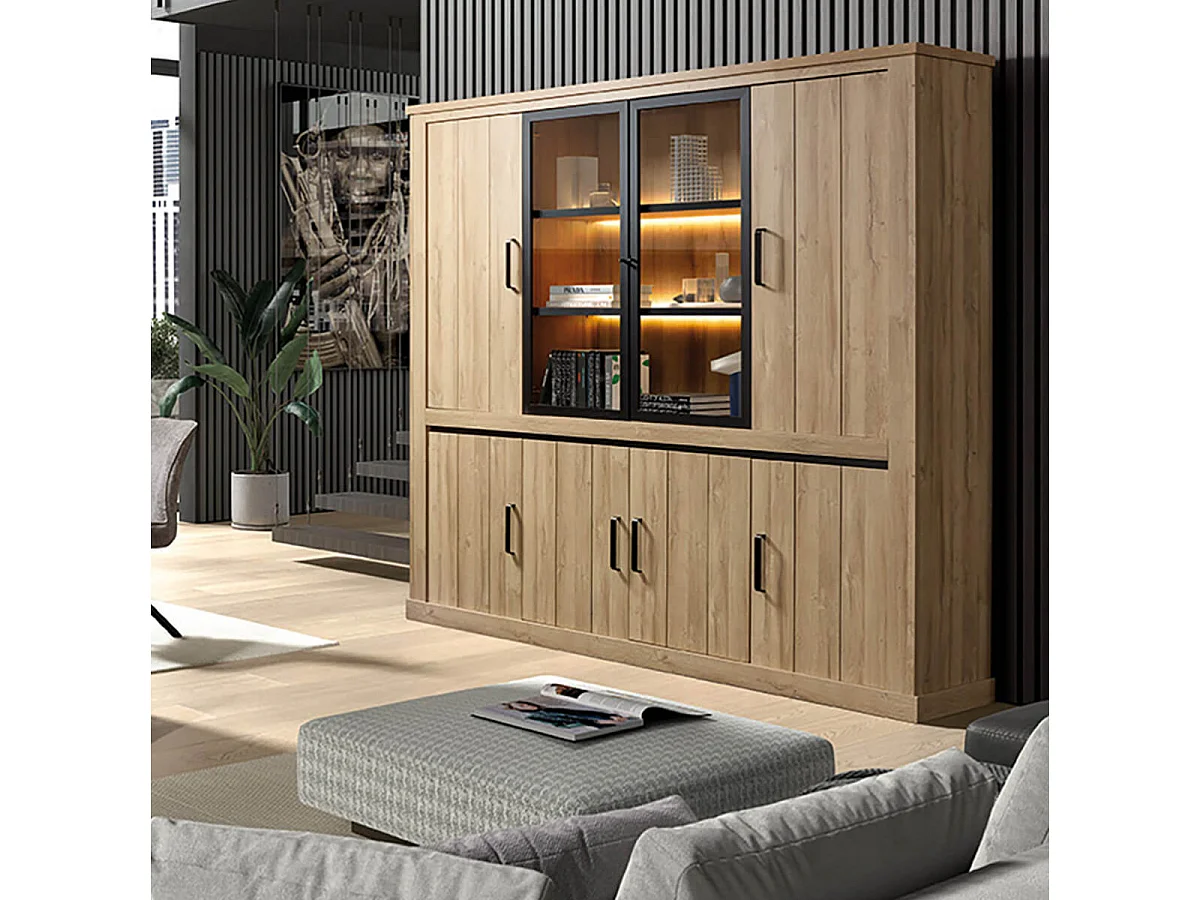 LORENZO - Bibliothèque 8 Portes avec Leds Aspect Bois Chêne Clair Finition Frank