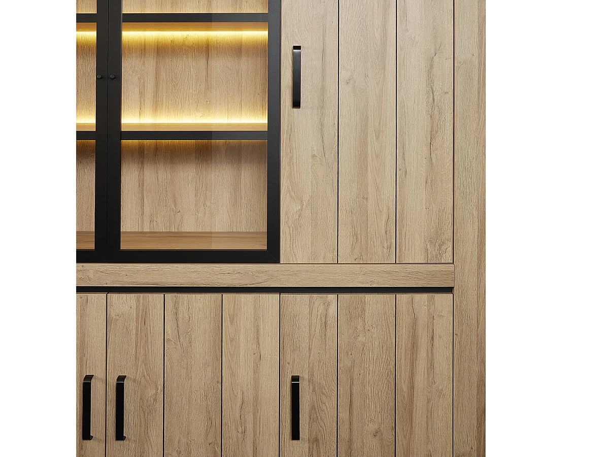 LORENZO - Bibliothèque 8 Portes avec Leds Aspect Bois Chêne Clair Finition Frank