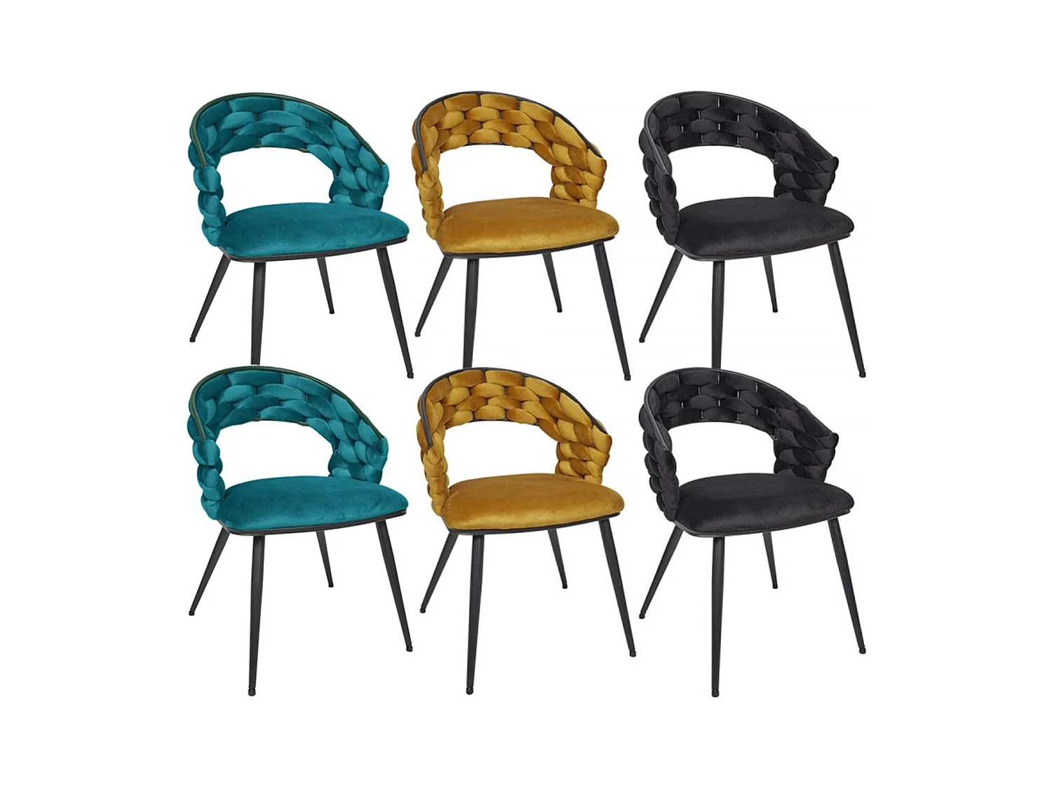 OSCAR - Lot de 6 Chaises en Velours 2 Bleues 2 Jaunes 2 Noires Pieds Métal Noir