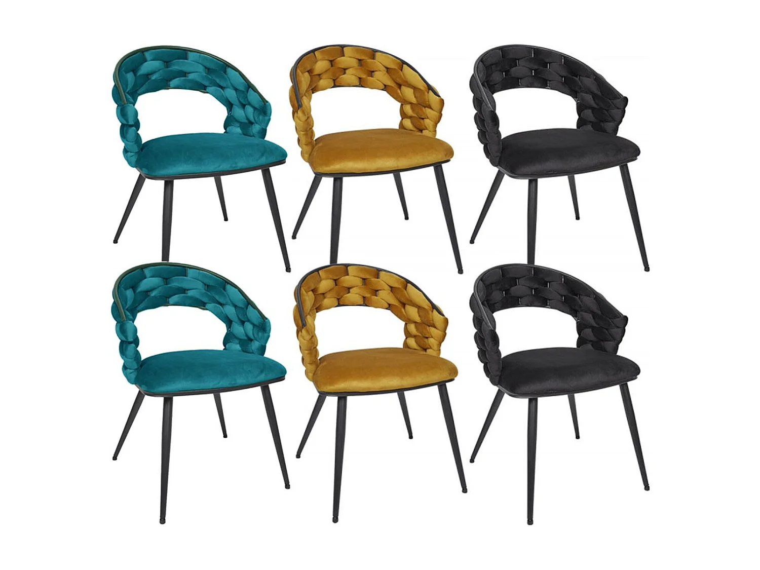 OSCAR - Lot de 6 Chaises en Velours 2 Bleues 2 Jaunes 2 Noires Pieds Métal Noir