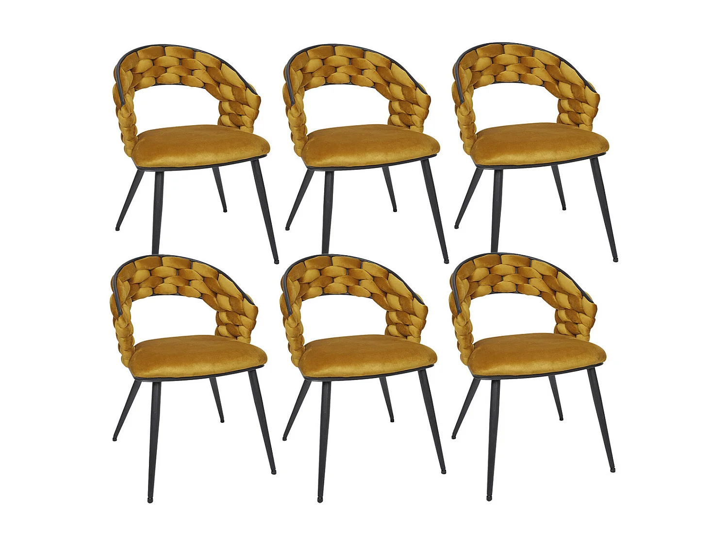 OSCAR - Lot de 6 Chaises en Velours Jaune Moutarde Pieds Métal Noir
