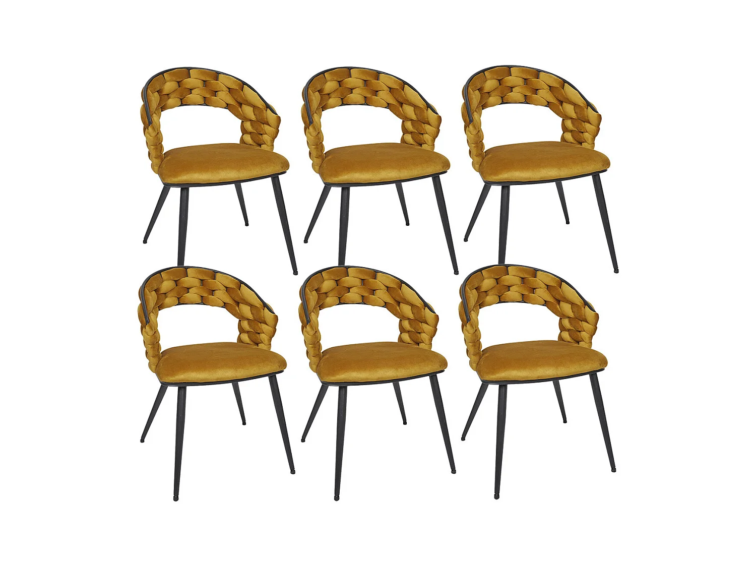 OSCAR - Lot de 6 Chaises en Velours Jaune Moutarde Pieds Métal Noir