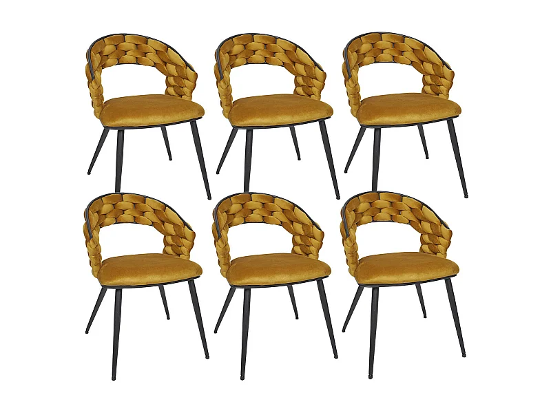 OSCAR - Lot de 6 Chaises en Velours Jaune Moutarde Pieds Métal Noir