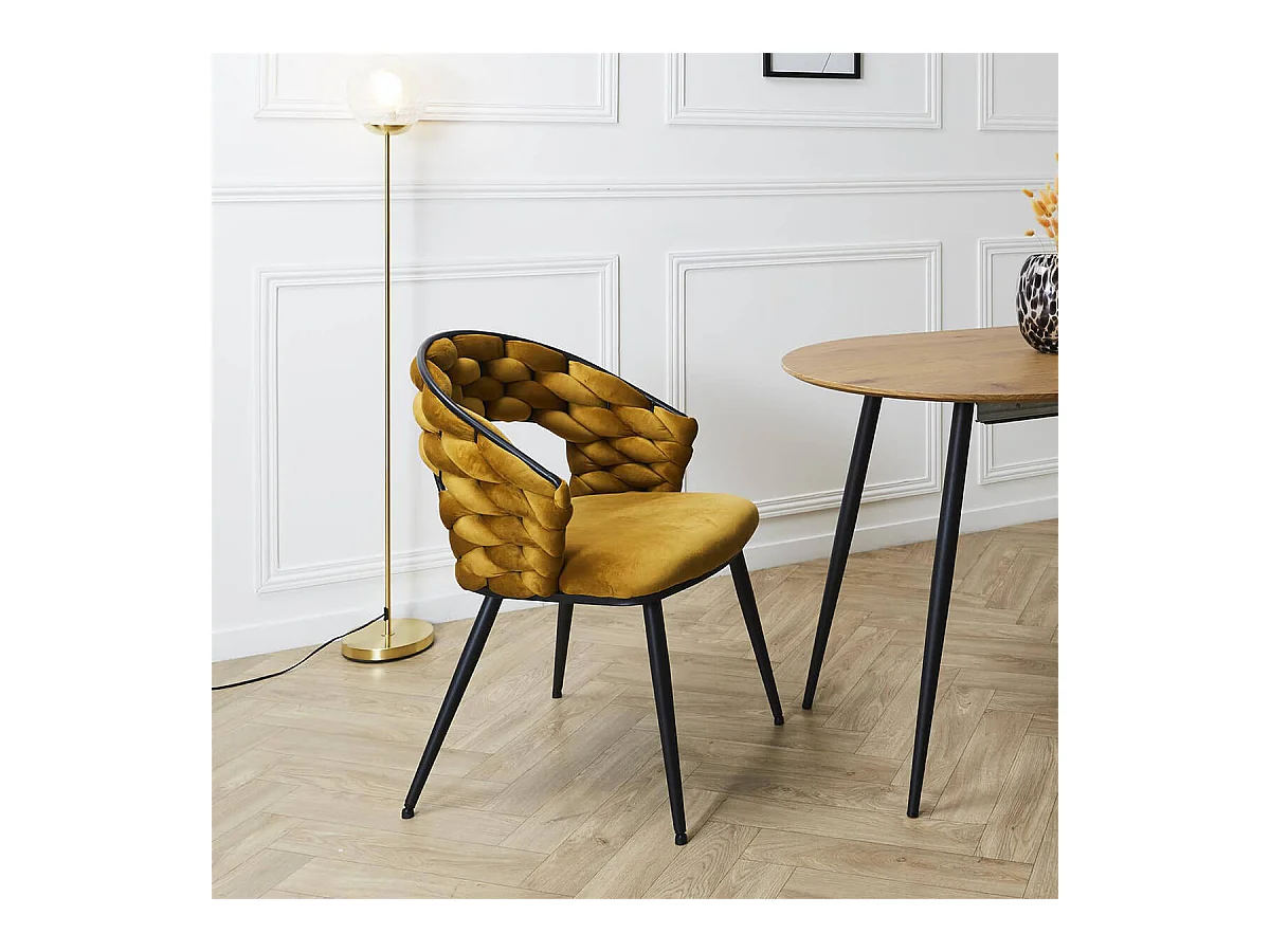 OSCAR - Lot de 2 Chaises en Velours Jaune Moutarde Pieds Métal Noir
